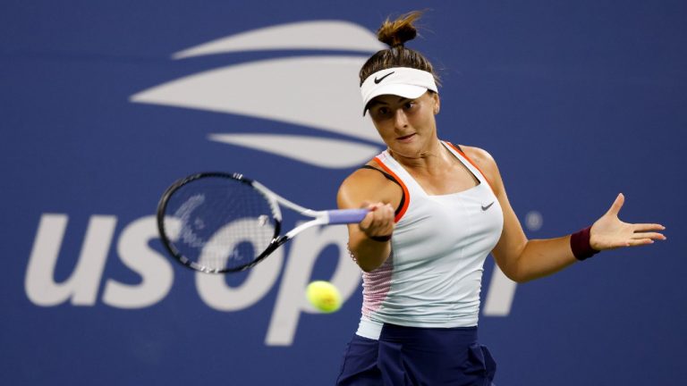 Bianca Andreescu, of Canada, returns a shot to Caroline Garcia, of France, during the third round of the U.S. Open tennis championships, Friday, Sept. 2, 2022, in New York. (Jason DeCrow/AP)