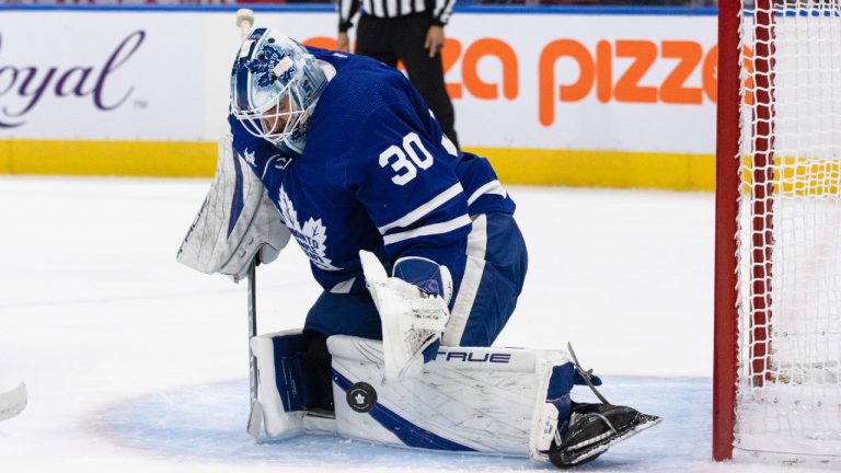 Toronto Maple Leafs goaltender Matt Murray (30) makes a save against the Montreal Canadiens during first period NHL preseason action in Toronto on Wednesday, September 28, 2022. (Nick Iwanyshyn/CP)