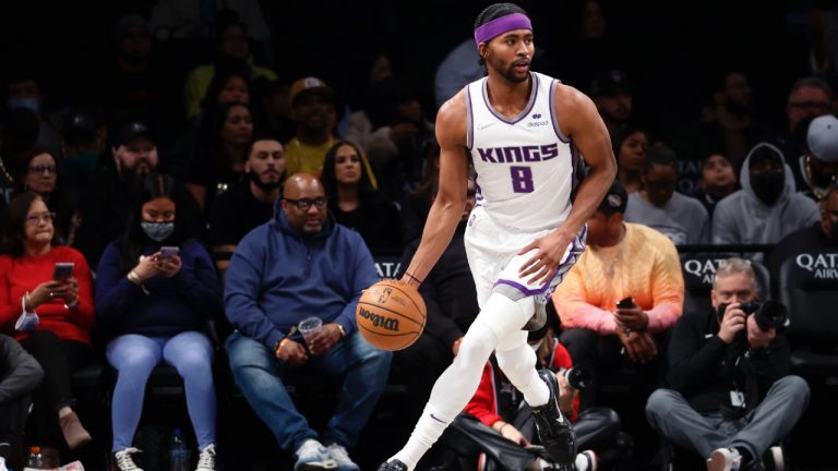 Maurice Harkless brings the ball up during the first half of the Sacramento King's NBA basketball game against the Brooklyn Nets on Monday, Feb. 14, 2022, in New York. (Corey Sipkin/AP)