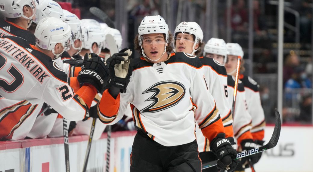 Anaheim Ducks forward Sonny Milano (12) warms up before an NHL hockey game  against Montreal Canadiens Sunday, Oct. 31, 2021, in Anaheim, Calif. (AP  Photo/Ringo H.W. Chiu Stock Photo - Alamy