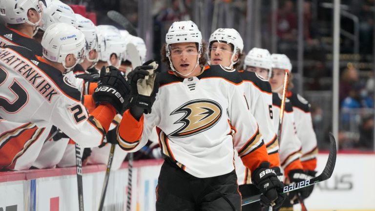 Anaheim Ducks left wing Sonny Milano, right, is Anaheim Ducks left wing Sonny Milano, right, is congratulated as he passes the team box after scoring a goal against the Colorado Avalanche in the first period of an NHL hockey game Wednesday, Nov. 24, 2021, in Denver. (AP Photo/David Zalubowski) as he passes the team box after scoring a goal against the Colorado Avalanche in the first period of an NHL hockey game Wednesday, Nov. 24, 2021, in Denver. (David Zalubowski/AP)