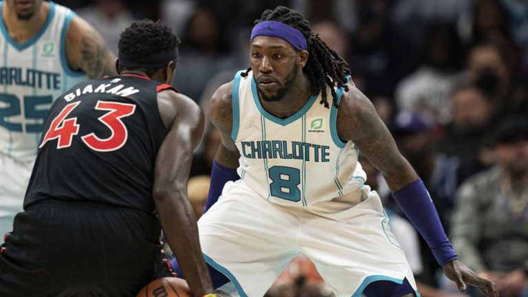 Charlotte Hornets center Montrezl Harrell (8) guards Toronto Raptors forward Pascal Siakam (43) during the first half of an NBA basketball game in Charlotte. (Jacob Kupferman/AP)