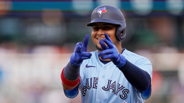 Toronto Blue Jays' Gabriel Moreno looks towards the dugout after hitting for his first major league hit during the ninth inning of a baseball game against the Detroit Tigers, Saturday, June 11, 2022, in Detroit. (Carlos Osorio/AP Photo)