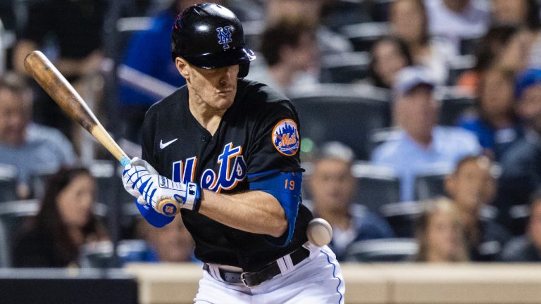 New York Mets' Mark Canha is hit with a Pittsburgh Pirates pitch during the sixth inning of a baseball game, Friday, Sept. 16, 2022, in New York. (Corey Sipkin/AP)