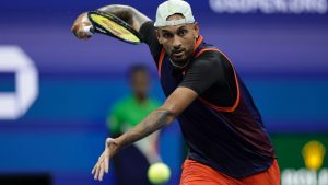 Nick Kyrgios, of Australia, moves to return a shot to Daniil Medvedev, of Russia, during the fourth round of the U.S. Open tennis championships, Sunday, Sept. 4, 2022, in New York. (Adam Hunger/AP)