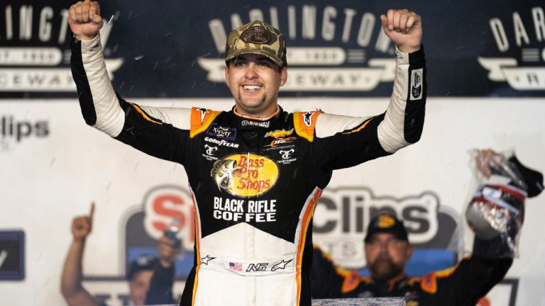 Noah Gragson celebrates his win in the NASCAR Xfinity Series auto race Saturday, Sept. 3, 2022, at Darlington Raceway in Darlington, S.C. Gragson passed Sheldon Creed on the final lap. (Sean Rayford/AP)