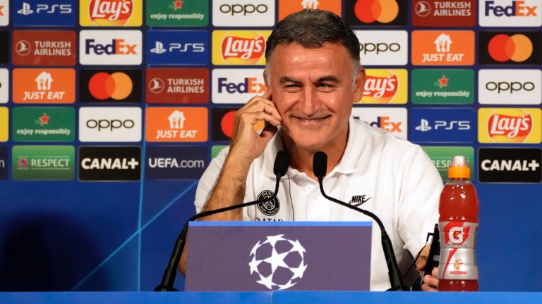 PSG's head coach Christophe Galtier gives a press conference at the Parc des Princes stadium, in Paris, Monday, Sept. 5, 2022. (Thibault Camus/AP)