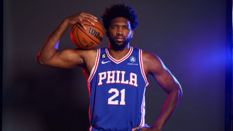 Philadelphia 76ers star centre Joel Embiid poses for a photograph during media day at the team's practice facility. (Chris Szagola/AP)