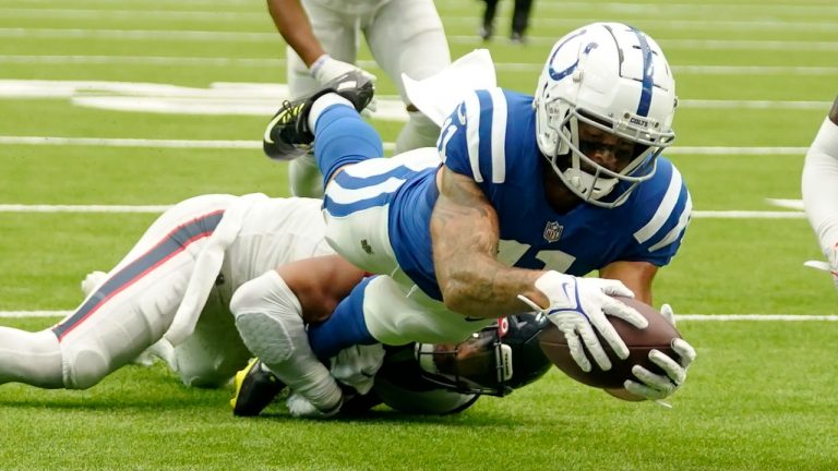 Indianapolis Colts wide receiver Michael Pittman Jr. (11) dives to the end zone during the second half of an NFL football game Sunday, Sept. 11, 2022, in Houston. (Eric Christian Smith/AP Photo)