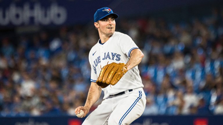 Toronto Blue Jays starting pitcher Ross Stripling (48) throws the ball during first inning AL MLB baseball action against the Baltimore Orioles, in Toronto on Wednesday, August 17, 2022. (Christopher Katsarov/CP)