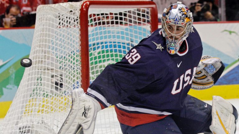 USA goalie Ryan Miller (39) makes a save in the first period of the men's gold medal ice hockey game against Canada at the Vancouver 2010 Olympics in Vancouver, British Columbia, Sunday, Feb. 28, 2010. Longtime NHL goaltender Ryan Miller and Olympic gold medal-winning women's hockey stars Jocelyne Lamoureux-Davidson and Monique Lamoureux-Morando headline the 2022 class of the U.S. Hockey Hall of Fame unveiled Thursday, Sept. 8, 2022. (Matt Slocum/AP)