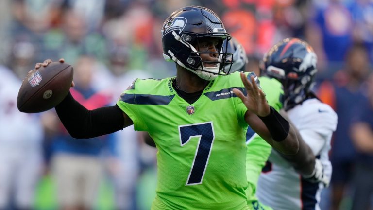 Seattle Seahawks quarterback Geno Smith passes against the Denver Broncos during the first half of an NFL football game, Monday, Sept. 12, 2022, in Seattle. (Stephen Brashear/AP)