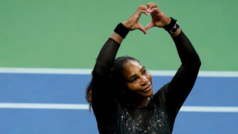 Serena Williams, of the United States, motions a heart to fans after losing to Ajla Tomljanovic, of Austrailia, during the third round of the U.S. Open tennis championships, Friday, Sept. 2, 2022, in New York. (Frank Franklin II/AP)