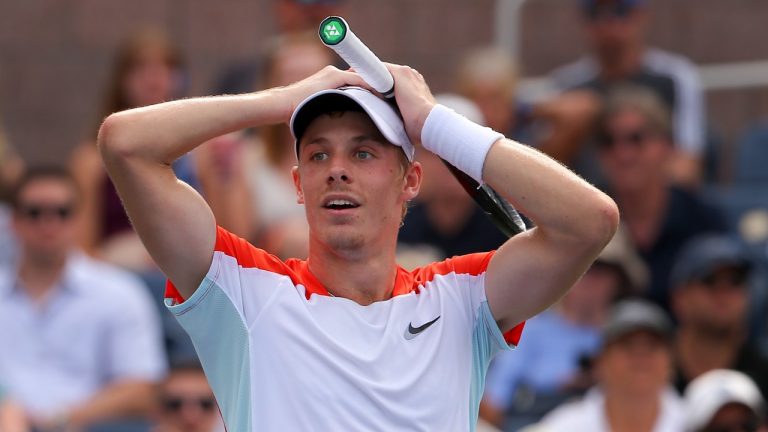 Denis Shapovalov, of Canada, reacts after losing a point to Andrey Rublev, of Russia, during the third round of the U.S. Open tennis championships, Saturday, Sept. 3, 2022, in New York. (Andres Kudacki/AP Photo)