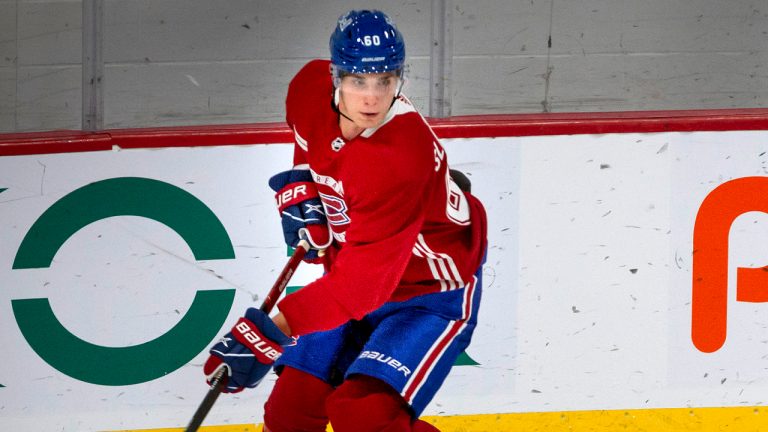 Montreal Canadiens first overall NHL draft pick Juraj Slafkovsky from Slovakia goes through skating drills at the Bell Sports Complex in Brossard, Que. during day one of their evaluation camp on Monday, July 11, 2022. (Peter McCabe/CP)