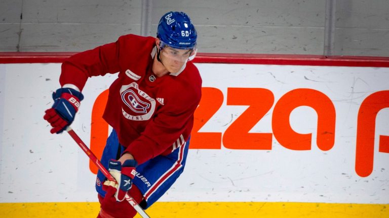 Montreal Canadiens first overall NHL draft pick Juraj Slafkovsky goes through skating drills at the Bell Sports Complex in Brossard, Que. during day one of their evaluation camp on Monday, July 11, 2022.
(Peter McCabe/CP)