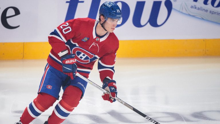 Montreal Canadiens left wing Juraj Slafkovsky skates prior to NHL preseason hockey action against the New Jersey Devils in Montreal on Monday September 26, 2022. (CP)