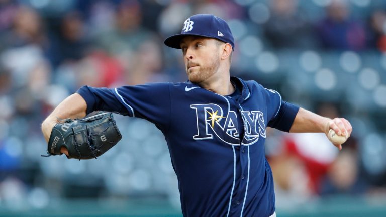 Tampa Bay Rays starting pitcher Jeffrey Springs delivers against the Cleveland Guardians. (AP)