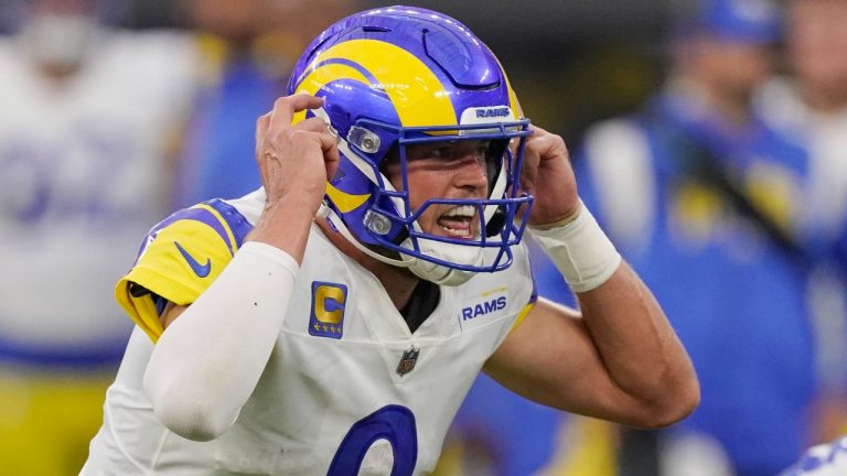 Los Angeles Rams quarterback Matthew Stafford (9) yells out a play during the first half of an NFL football game against the Buffalo Bills Thursday, Sept. 8, 2022, in Inglewood, Calif. (Mark J. Terrill/AP Photo)