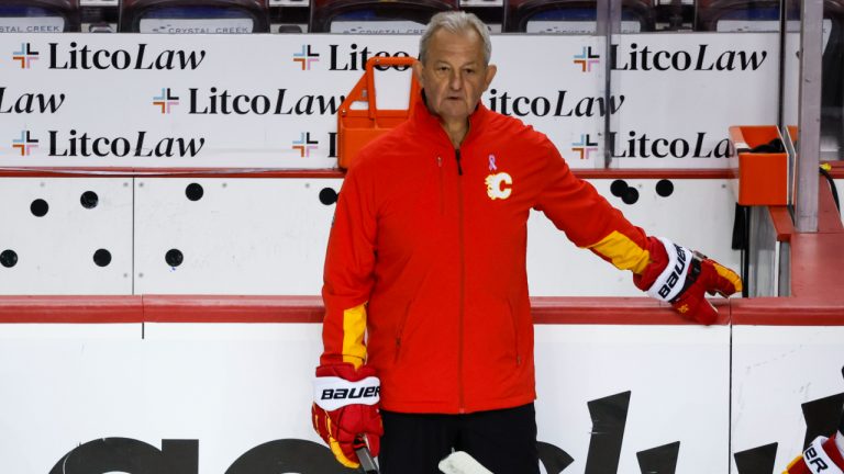 Calgary Flames head coach Darryl Sutter looks on during team practice in Calgary, Tuesday, May 17, 2022. (Jeff McIntosh/CP)