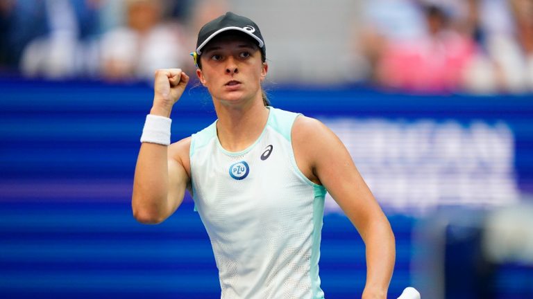 Iga Swiatek, of Poland, reacts after scoring a point against Ons Jabeur, of Tunisia, during the women's singles final of the U.S. Open tennis championships, Saturday, Sept. 10, 2022, in New York. (Frank Franklin II/AP Photo)