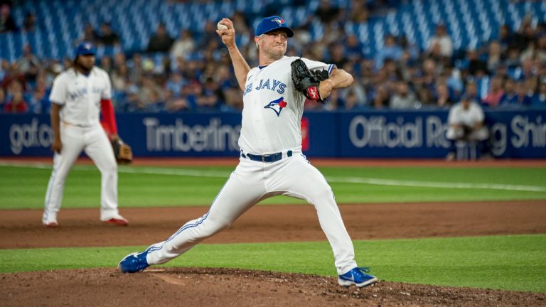 Toronto Blue Jays pitcher Trevor Richards (33) throws the ball during ninth inning interleague MLB action against the Philadelphia Phillies, in Toronto, on Wednesday, July 13, 2022. (Christopher Katsarov/CP)