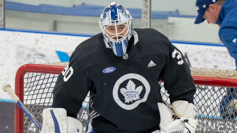 Toronto Maple Leafs goaltender Matt Murray keeps an eye on the action during the first day of training camp in Toronto, Thursday, Sept. 22, 2022. (Frank Gunn/CP)