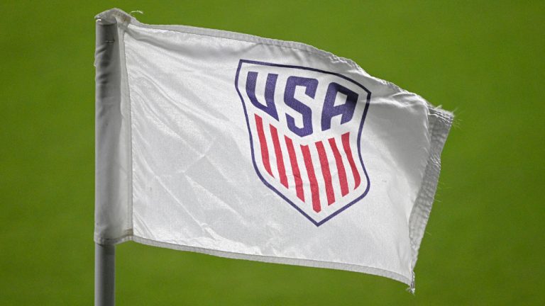 The United States Soccer Federation logo is viewed on a corner flag on the pitch, Sunday, Jan. 31, 2021, in Orlando, Fla. (Phelan M. Ebenhack/AP)