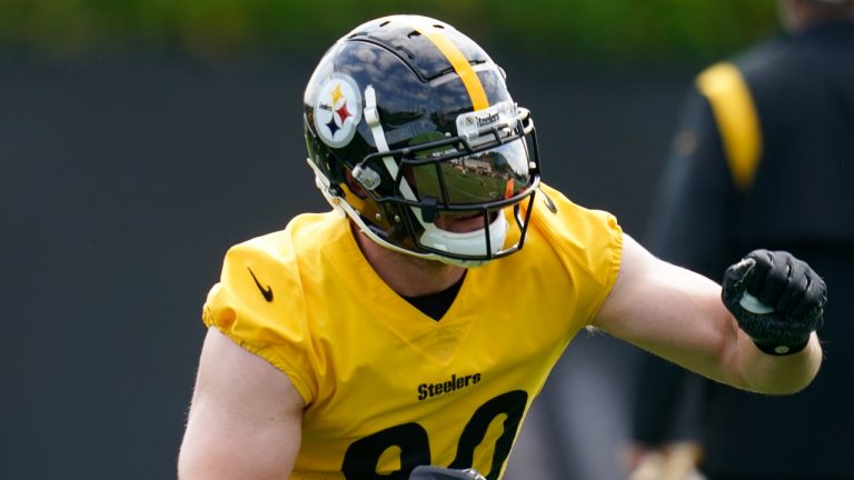 Pittsburgh Steelers linebacker T.J.Watt participates in drills during NFL football practice, Tuesday, May 24, 2022, in Pittsburgh. Watt has the paycheck, the cachet and the hardware. (Keith Srakocic/AP Photo)