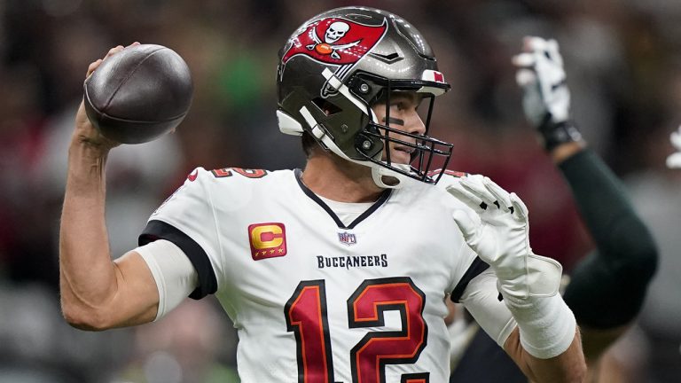 Tampa Bay Buccaneers quarterback Tom Brady passes against the New Orleans Saints during the first half of an NFL football game in New Orleans, Sunday, Sept. 18, 2022. (Gerald Herbert/AP)