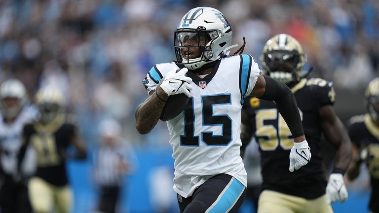 Carolina Panthers wide receiver Laviska Shenault Jr. (15) runs the ball down the field for 67 yards during the second half of an NFL football game against the New Orleans Saints, Sunday, Sept. 25, 2022, in Charlotte, N.C. (Rusty Jones/AP)