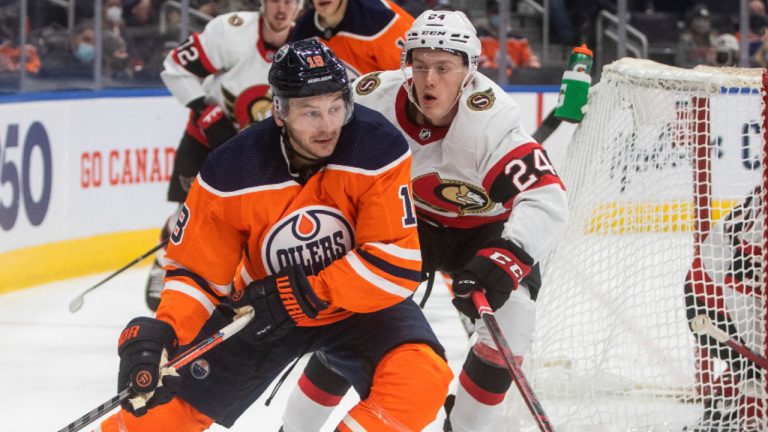 Senators prospect Jacob Bernard-Docker played eight NHL games last season, including this one against Zach Hyman and the Edmonton Oilers. (Jason Franson/CP)