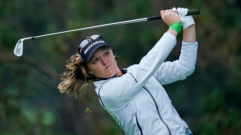 Brooke Henderson follows through on her tee-shot on the second hole during the final round of the Dana Classic LPGA golf tournament Sunday, Sept. 4, 2022, at the Highland Meadows Golf Club in Sylvania, Ohio. (AP) 