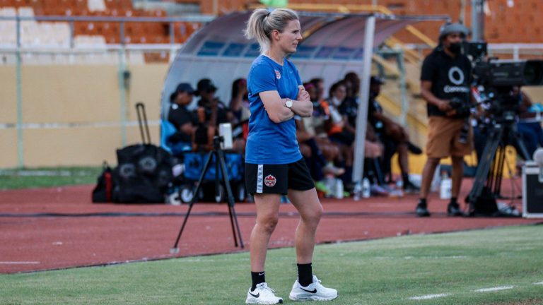 Canada coach Emma Humphries is shown during Canada's 5-0 win over Bermuda on April 26. 2022, at CONCACAF Womens Under-17 Championship. (HO-Canada Soccer/CP)