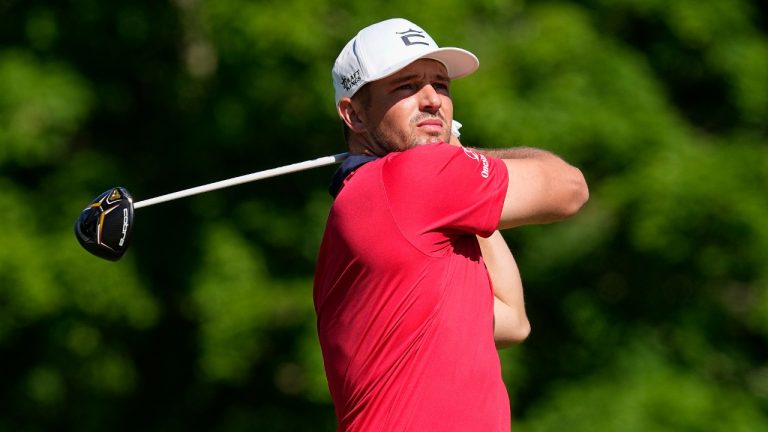 Bryson DeChambeau hits from the 18th tee during the second round of the Memorial golf tournament Friday, June 3, 2022, in Dublin, Ohio. (Darron Cummings/AP)