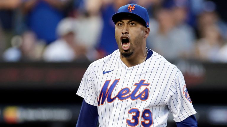 New York Mets pitcher Edwin Diaz reacts after the final out during the top half of the eighth inning of the team's baseball game against the Los Angeles Dodgers on Thursday, Sept. 1, 2022, in New York. (Adam Hunger/AP)