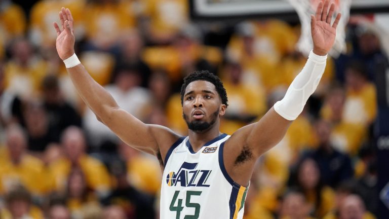 Utah Jazz guard Donovan Mitchell (45) reacts to the fans in the second half of Game 4 of an NBA basketball first-round playoff series against the Dallas Mavericks Saturday, April 23, 2022, in Salt Lake City. (Rick Bowmer/AP)