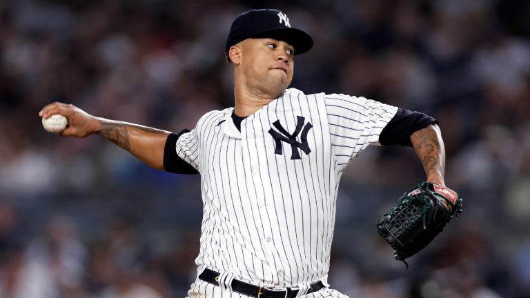 New York Yankees pitcher Frankie Montas throws during the third inning of the team's baseball game against the Tampa Bay Rays on Friday, Sept. 9, 2022, in New York. (Adam Hunger/AP)