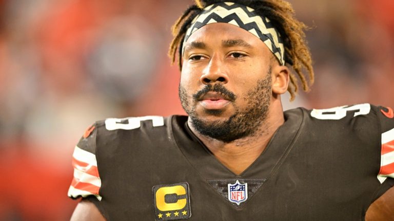 FILE - Cleveland Browns defensive end Myles Garrett (95) walks on the field during an NFL football game against the Pittsburgh Steelers, Sept. 22, 2022, in Cleveland. (David Richard/AP)