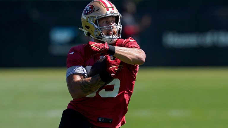 San Francisco 49ers tight end George Kittle takes part in drills at the NFL football team's practice facility in Santa Clara, Calif., Thursday, Sept. 1, 2022. (Jeff Chiu/AP)