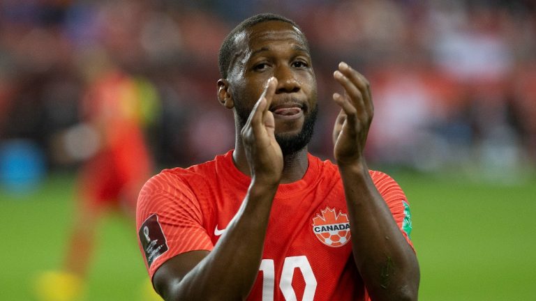 Canada's Junior Hoilett applauds the fans during his team's 3-0 win over El Salvador in World Cup qualifying action in Toronto, on Wednesday, September 8, 2021. With Atiba Hutchinson out injured, Junior Hoilett will captain Canada against Qatar on Friday in Vienna in the first of two international friendlies for John Herdman's team in FIFA's September international window. (Chris Young/CP)