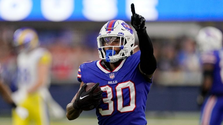 Buffalo Bills cornerback Dane Jackson runs back with an intercepted pass during the first half of an NFL football game against the Los Angeles Rams Thursday, Sept. 8, 2022, in Inglewood, Calif. (Mark J. Terrill/AP)