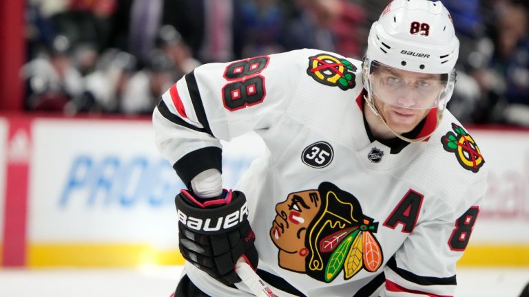 Chicago Blackhawks right wing Patrick Kane looks for the puck in the second period of an NHL hockey game against the Colorado Avalanche, Monday, Jan. 24, 2022, in Denver. (David Zalubowski/AP)