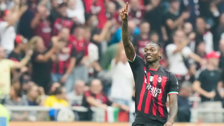 AC Milan's Rafael Leao celebrates after scoring his side's 3rd goal during a Serie A soccer match between AC Milan and Inter Milan at the San Siro stadium in Milan, Italy, Saturday, Sept. 3, 2022. (Luca Bruno/AP)