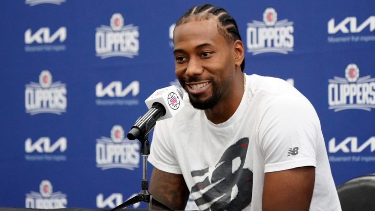 Los Angeles Clippers forward Kawhi Leonard fields questions during the NBA basketball team's Media Day, Monday, Sept. 26, 2022, in Los Angeles (Marcio Jose Sanchez/AP)