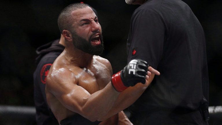 John (The Bull) Makdessi yells at Abel Trujillo after their preliminary lightweight bout at the UFC Fight Night - Lawler vs Dos Anjos event in Winnipeg on Saturday, December 16, 2017. (John Woods/CP)