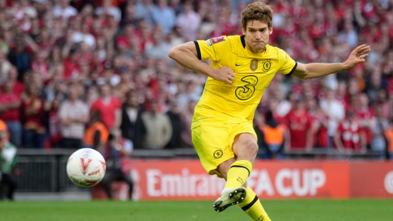 Chelsea's Marcos Alonso scores the penalty in a penalty shootout at the end of the English FA Cup final soccer match between Chelsea and Liverpool, at Wembley stadium, in London, Saturday, May 14, 2022. (Kirsty Wigglesworth/AP)