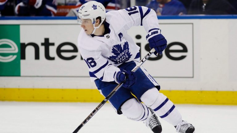 Toronto Maple Leafs' Mitch Marner (16) looks to pass during the second period of an NHL hockey game against the New York Rangers Wednesday, Feb. 5, 2020, in New York. (Frank Franklin II/AP)