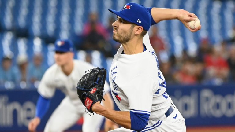 Toronto Blue Jays' starting pitcher Julian Merryweather throws to a Tampa Bay Rays batter in first inning American League baseball action during the first game of a double header in Toronto, Tuesday, Sept. 13, 2022. (Jon Blacker/CP)