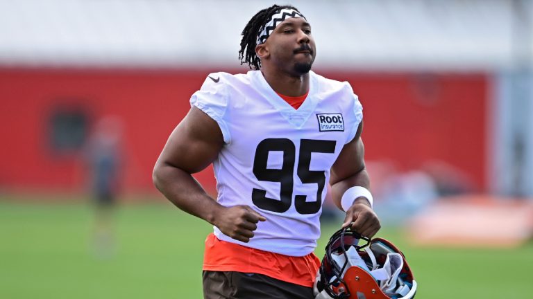 Cleveland Browns defensive end Myles Garrett runs during an NFL football practice in Berea, Ohio, Friday, July 29, 2022. (David Dermer/AP)